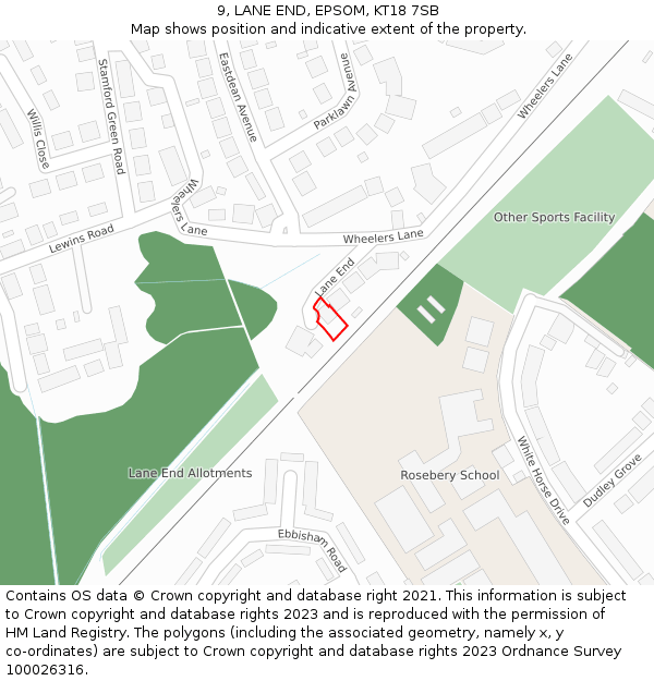9, LANE END, EPSOM, KT18 7SB: Location map and indicative extent of plot