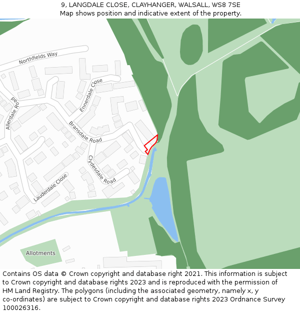 9, LANGDALE CLOSE, CLAYHANGER, WALSALL, WS8 7SE: Location map and indicative extent of plot