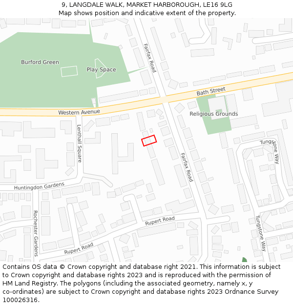 9, LANGDALE WALK, MARKET HARBOROUGH, LE16 9LG: Location map and indicative extent of plot