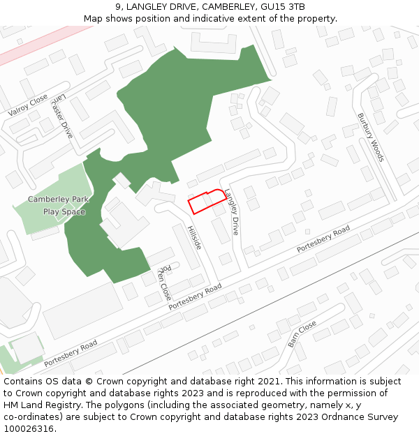 9, LANGLEY DRIVE, CAMBERLEY, GU15 3TB: Location map and indicative extent of plot