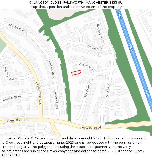 9, LANGTON CLOSE, FAILSWORTH, MANCHESTER, M35 9UJ: Location map and indicative extent of plot