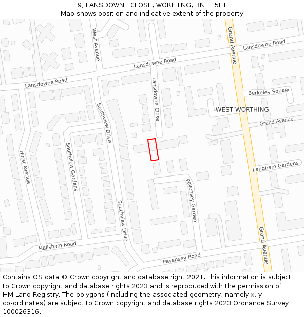 9, LANSDOWNE CLOSE, WORTHING, BN11 5HF: Location map and indicative extent of plot