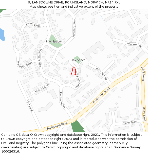 9, LANSDOWNE DRIVE, PORINGLAND, NORWICH, NR14 7XL: Location map and indicative extent of plot