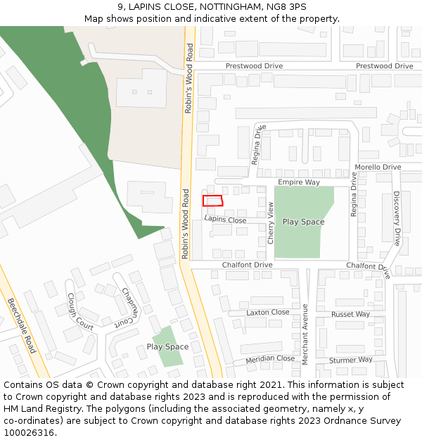 9, LAPINS CLOSE, NOTTINGHAM, NG8 3PS: Location map and indicative extent of plot