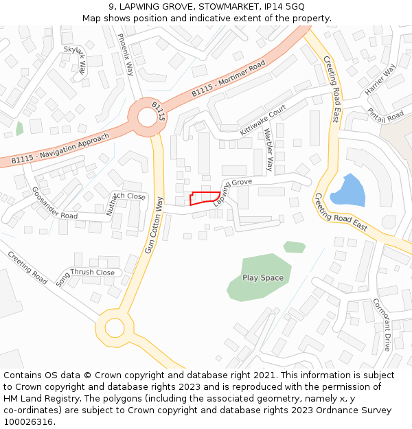 9, LAPWING GROVE, STOWMARKET, IP14 5GQ: Location map and indicative extent of plot