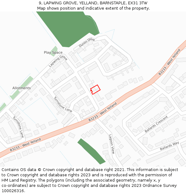 9, LAPWING GROVE, YELLAND, BARNSTAPLE, EX31 3TW: Location map and indicative extent of plot