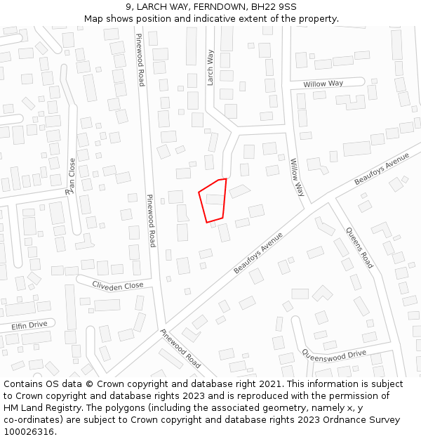 9, LARCH WAY, FERNDOWN, BH22 9SS: Location map and indicative extent of plot