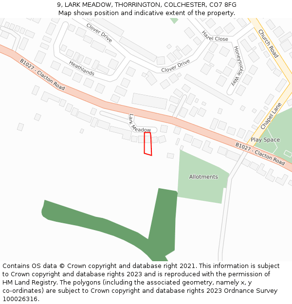 9, LARK MEADOW, THORRINGTON, COLCHESTER, CO7 8FG: Location map and indicative extent of plot