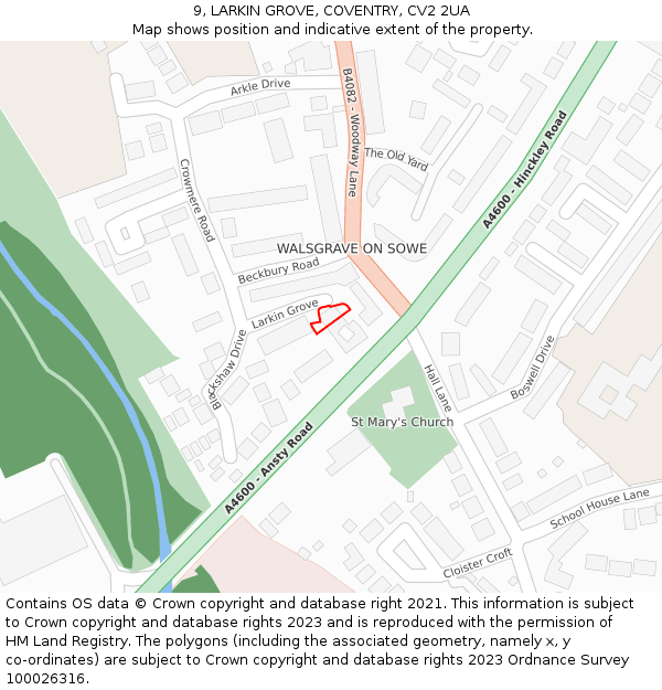 9, LARKIN GROVE, COVENTRY, CV2 2UA: Location map and indicative extent of plot