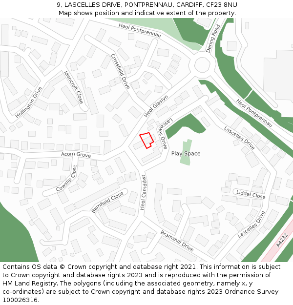 9, LASCELLES DRIVE, PONTPRENNAU, CARDIFF, CF23 8NU: Location map and indicative extent of plot