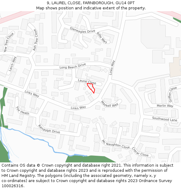 9, LAUREL CLOSE, FARNBOROUGH, GU14 0PT: Location map and indicative extent of plot