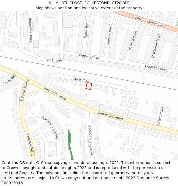 9, LAUREL CLOSE, FOLKESTONE, CT20 3PP: Location map and indicative extent of plot