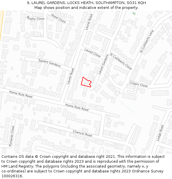 9, LAUREL GARDENS, LOCKS HEATH, SOUTHAMPTON, SO31 6QH: Location map and indicative extent of plot