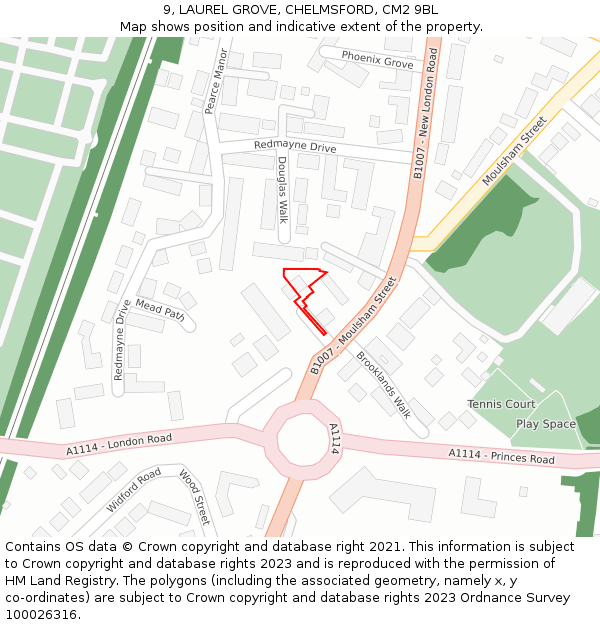 9, LAUREL GROVE, CHELMSFORD, CM2 9BL: Location map and indicative extent of plot