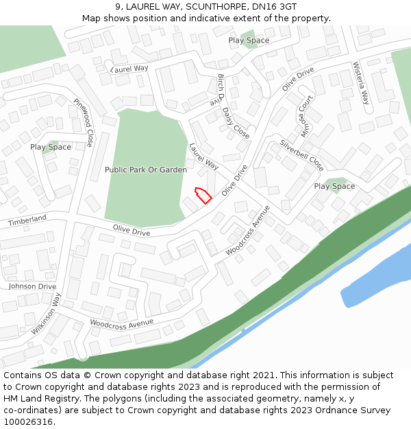 9, LAUREL WAY, SCUNTHORPE, DN16 3GT: Location map and indicative extent of plot