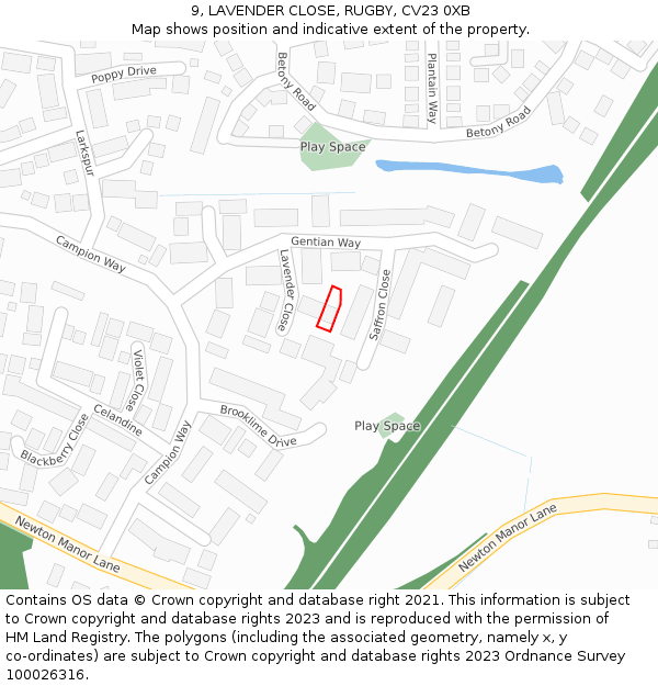 9, LAVENDER CLOSE, RUGBY, CV23 0XB: Location map and indicative extent of plot