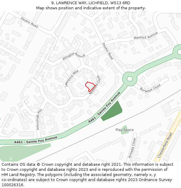 9, LAWRENCE WAY, LICHFIELD, WS13 6RD: Location map and indicative extent of plot