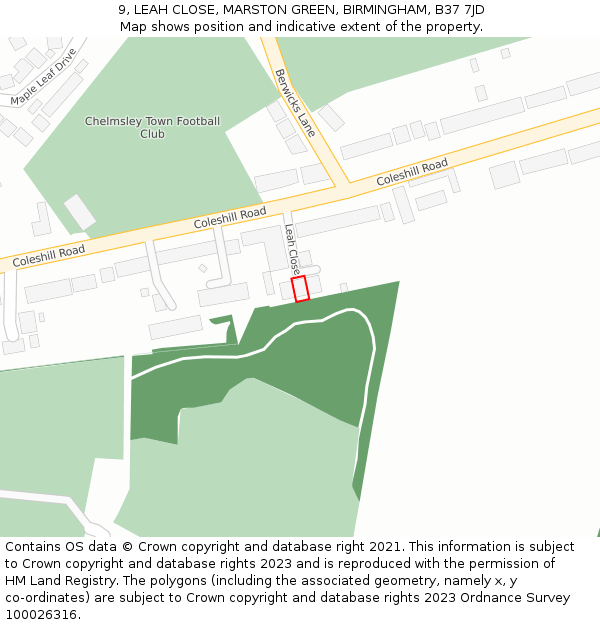 9, LEAH CLOSE, MARSTON GREEN, BIRMINGHAM, B37 7JD: Location map and indicative extent of plot