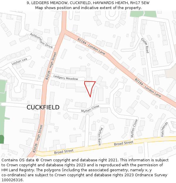 9, LEDGERS MEADOW, CUCKFIELD, HAYWARDS HEATH, RH17 5EW: Location map and indicative extent of plot