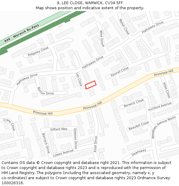 9, LEE CLOSE, WARWICK, CV34 5FF: Location map and indicative extent of plot