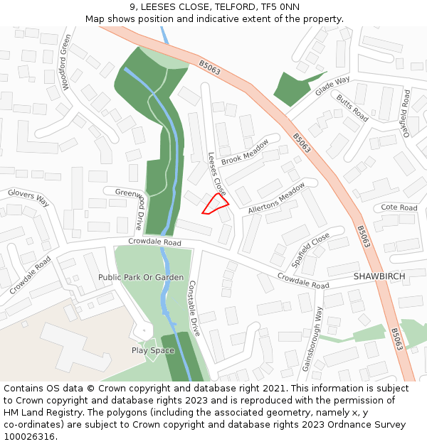9, LEESES CLOSE, TELFORD, TF5 0NN: Location map and indicative extent of plot