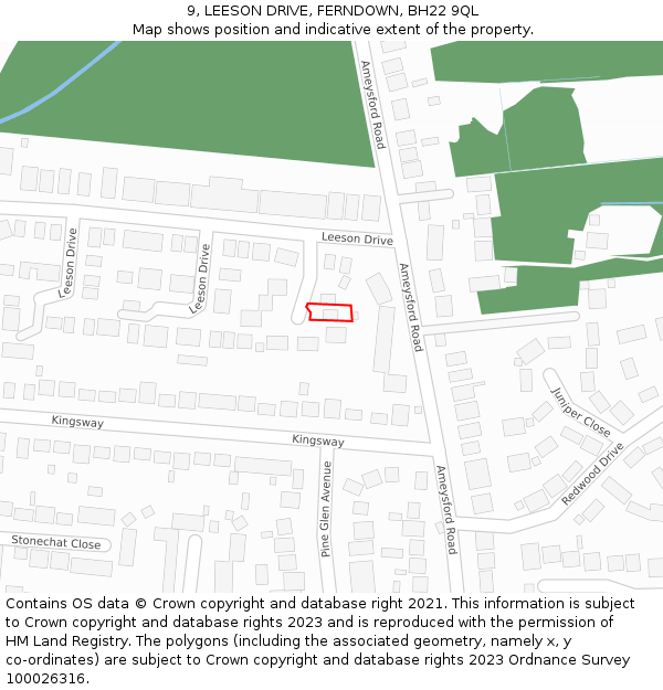 9, LEESON DRIVE, FERNDOWN, BH22 9QL: Location map and indicative extent of plot