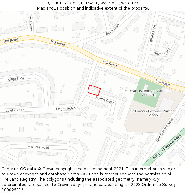 9, LEIGHS ROAD, PELSALL, WALSALL, WS4 1BX: Location map and indicative extent of plot