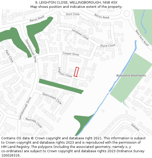 9, LEIGHTON CLOSE, WELLINGBOROUGH, NN8 4SX: Location map and indicative extent of plot