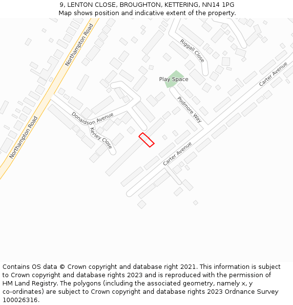 9, LENTON CLOSE, BROUGHTON, KETTERING, NN14 1PG: Location map and indicative extent of plot