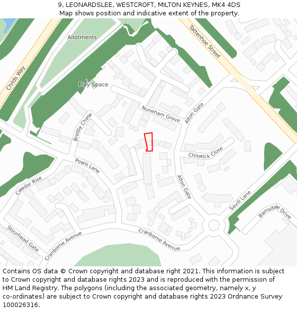 9, LEONARDSLEE, WESTCROFT, MILTON KEYNES, MK4 4DS: Location map and indicative extent of plot