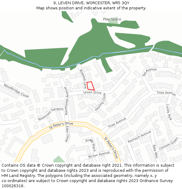 9, LEVEN DRIVE, WORCESTER, WR5 3QY: Location map and indicative extent of plot