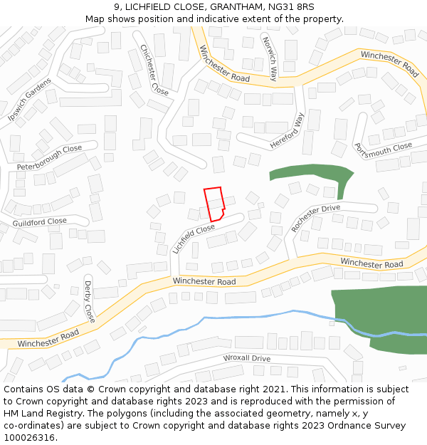 9, LICHFIELD CLOSE, GRANTHAM, NG31 8RS: Location map and indicative extent of plot