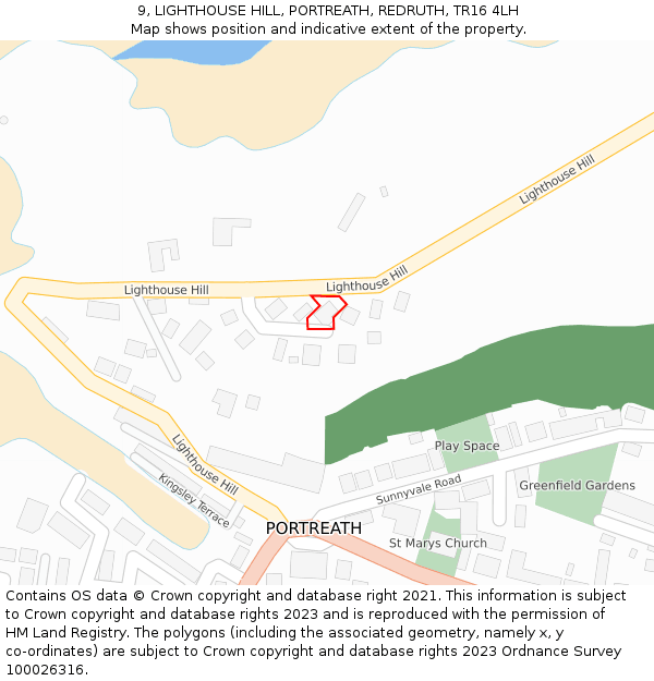 9, LIGHTHOUSE HILL, PORTREATH, REDRUTH, TR16 4LH: Location map and indicative extent of plot