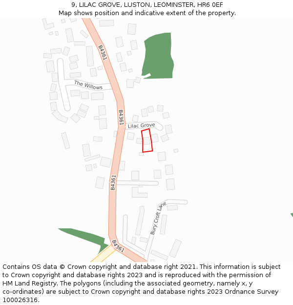 9, LILAC GROVE, LUSTON, LEOMINSTER, HR6 0EF: Location map and indicative extent of plot