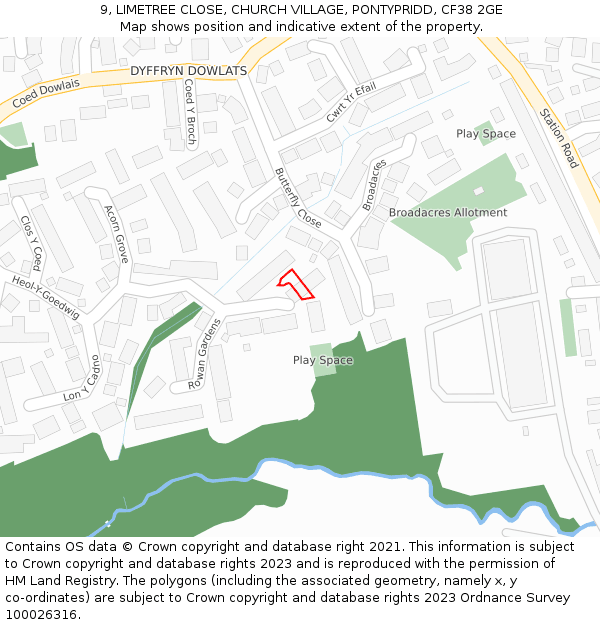 9, LIMETREE CLOSE, CHURCH VILLAGE, PONTYPRIDD, CF38 2GE: Location map and indicative extent of plot