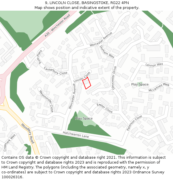 9, LINCOLN CLOSE, BASINGSTOKE, RG22 4PN: Location map and indicative extent of plot