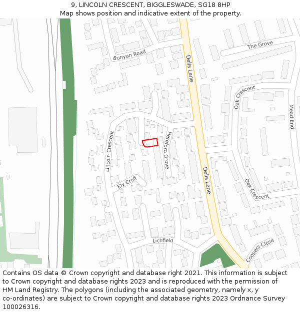 9, LINCOLN CRESCENT, BIGGLESWADE, SG18 8HP: Location map and indicative extent of plot