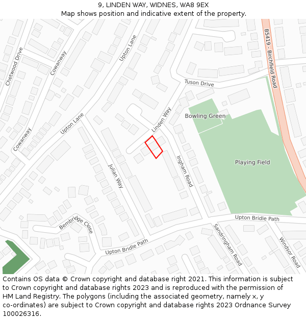 9, LINDEN WAY, WIDNES, WA8 9EX: Location map and indicative extent of plot