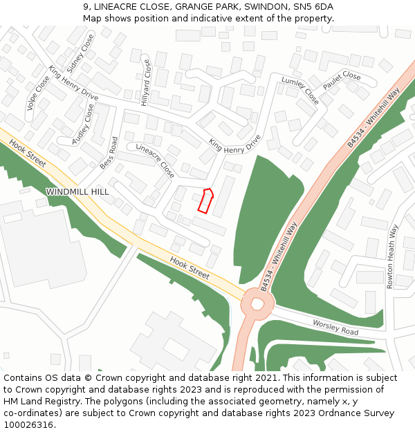 9, LINEACRE CLOSE, GRANGE PARK, SWINDON, SN5 6DA: Location map and indicative extent of plot