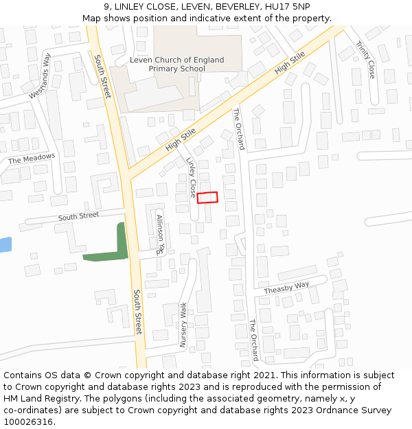 9, LINLEY CLOSE, LEVEN, BEVERLEY, HU17 5NP: Location map and indicative extent of plot