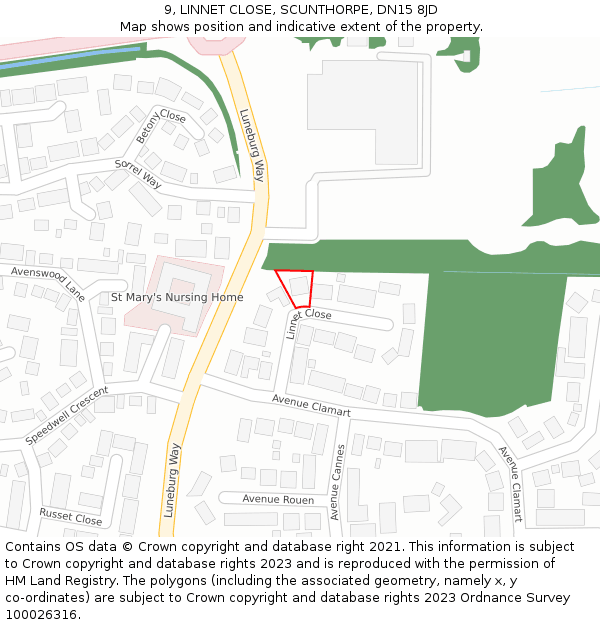 9, LINNET CLOSE, SCUNTHORPE, DN15 8JD: Location map and indicative extent of plot