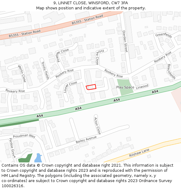 9, LINNET CLOSE, WINSFORD, CW7 3FA: Location map and indicative extent of plot