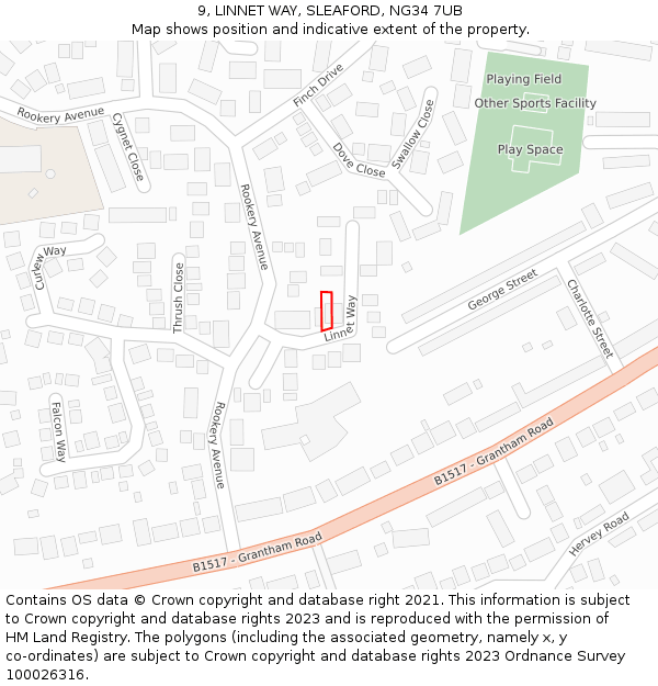9, LINNET WAY, SLEAFORD, NG34 7UB: Location map and indicative extent of plot