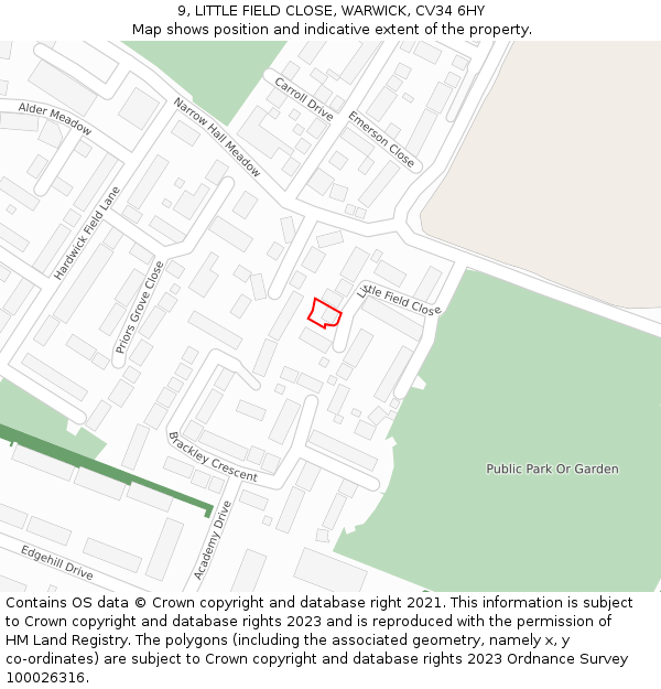 9, LITTLE FIELD CLOSE, WARWICK, CV34 6HY: Location map and indicative extent of plot