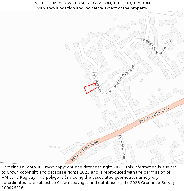 9, LITTLE MEADOW CLOSE, ADMASTON, TELFORD, TF5 0DN: Location map and indicative extent of plot