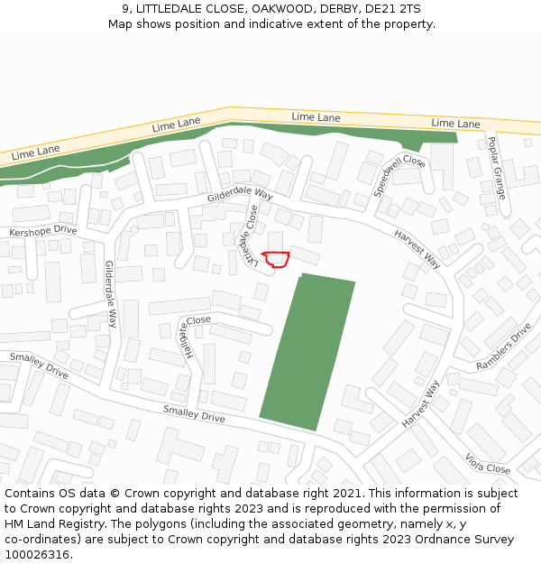 9, LITTLEDALE CLOSE, OAKWOOD, DERBY, DE21 2TS: Location map and indicative extent of plot