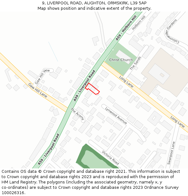 9, LIVERPOOL ROAD, AUGHTON, ORMSKIRK, L39 5AP: Location map and indicative extent of plot