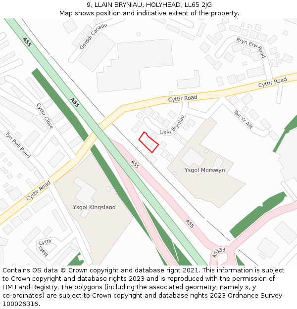 9, LLAIN BRYNIAU, HOLYHEAD, LL65 2JG: Location map and indicative extent of plot