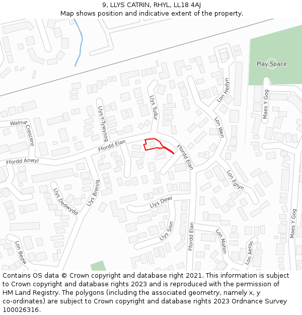 9, LLYS CATRIN, RHYL, LL18 4AJ: Location map and indicative extent of plot