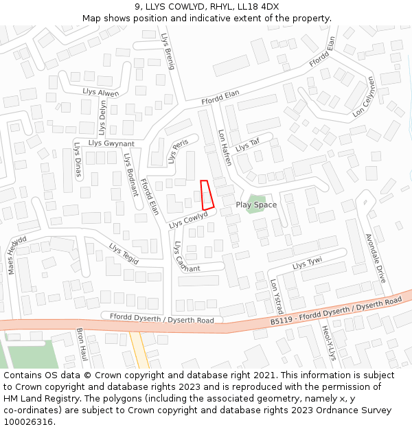 9, LLYS COWLYD, RHYL, LL18 4DX: Location map and indicative extent of plot